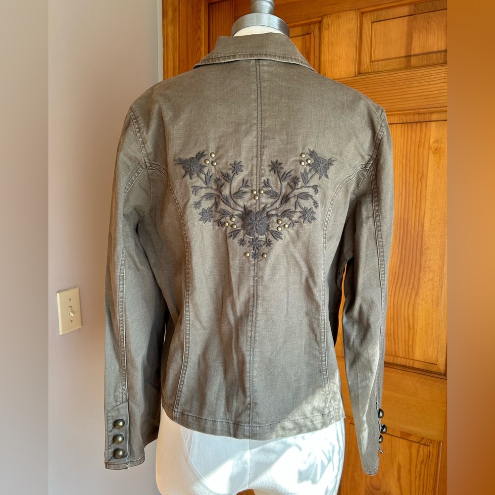 Faded Glory army green embroidered jean jacket size 14
